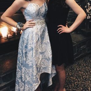 High-low, baby blue dress w/silver floral print